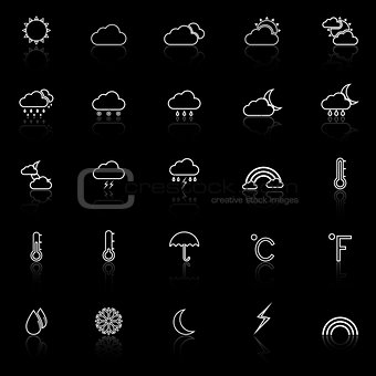Weather line icons with reflect on black background