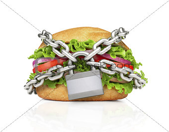 Hamburger constrained with chain. Choose healthy food.
