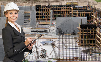 Beautiful businesswoman in helmet holding paper holder and writing. Construction site as backdrop