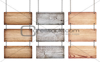 collection of various wooden signs with chain on white backgroun