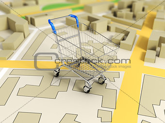 road map with shopping cart 3d rendering image