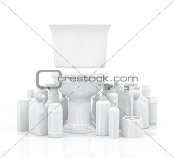 White toilet bowl and cleaning supplies