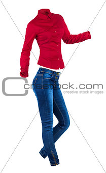 placed denim in action: female blue jeans and a red shirt busine