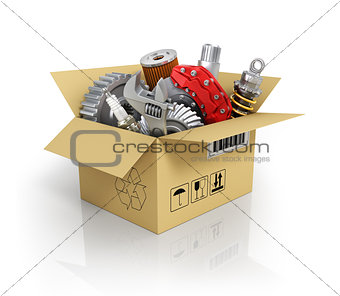 Auto parts in the cardbox. Automotive basket shop. Auto parts st
