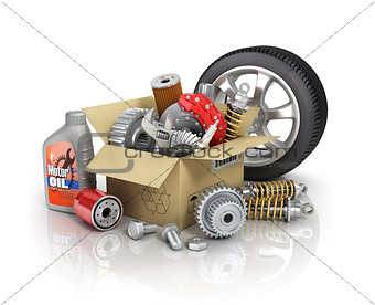 Auto parts in the cardbox. Automotive basket shop. Auto parts st