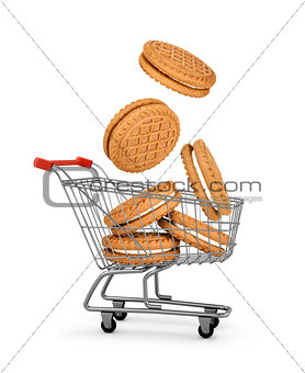cookies cream falls into the shopping cart. concept of online sh