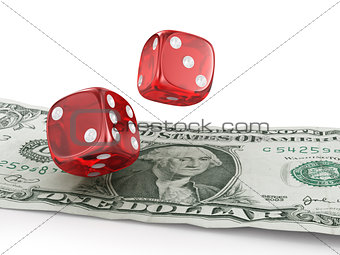 Pair of red dice on one dollar banknotes.