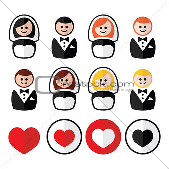 Groom and bride, wedding icons - black, blonde, ginger hair, brunette