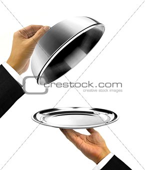 Waiter Holding Platter with Open Cover