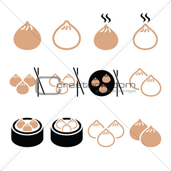 Chinese dumplings, Asian food Dim Sum vector icons set