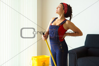 Portrait Woman Doing Chores Cleaning Floor With Backache