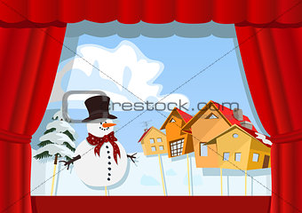 Christmas puppet theater.Village of snowman
