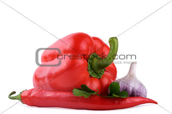 Red sweet, hot chili peppers and garlic isolated on white background