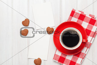 Valentines day blank photo frames, coffee cup and heart shaped cup