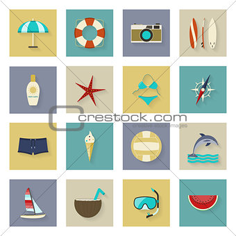 Beach vacation and travel flat icons set with shadows