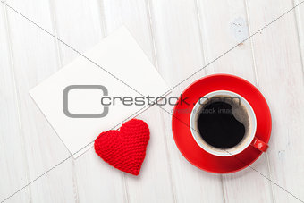 Valentines day blank greeting card, coffee cup and heart shaped 