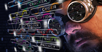 Shag beard and mustache man study cyber security