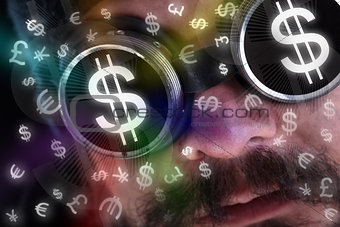 Man looking at flying currency icons