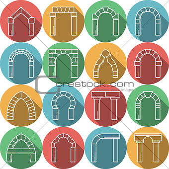 Set of colored flat vector icons for archway