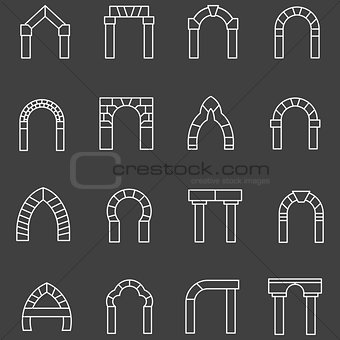 White flat line vector icons for archway