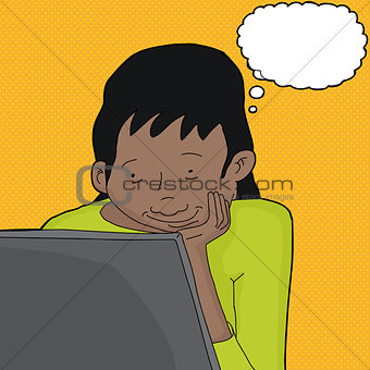 Woman Thinking and Looking at Laptop
