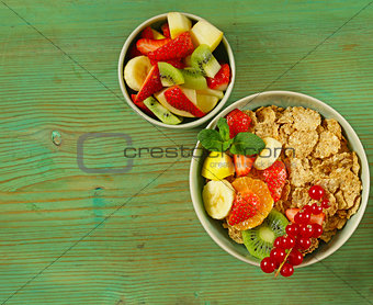homemade granola muesli with fruit salad for breakfast
