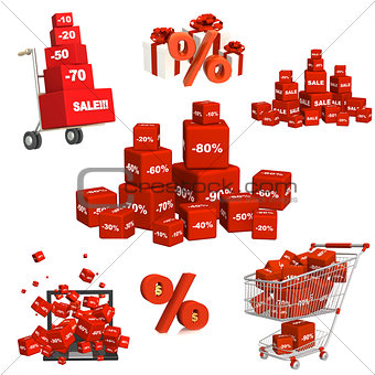 Set of red boxes with the goods at a discount