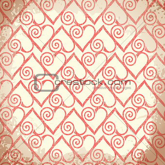 Old shabby background with hearts. Vector.