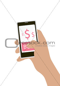 Hand holing smart phone with buy button on the screen