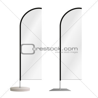 Blank curved advertising beach flag or vertical wind banner.