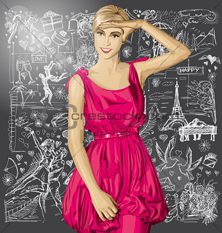 Vector Surprised Blonde in Pink Dress Against Love Background