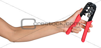 Female hand holding crimping pliers