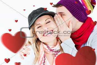 Composite image of young couple sharing a secret