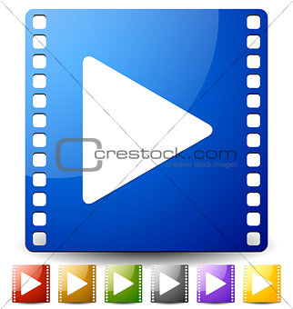 Play button on film strip in several colors. Icon for multimedia