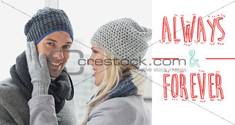 Composite image of cute couple in warm clothing hugging