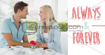 Composite image of hip young couple having desert and coffee together