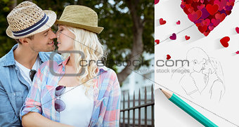 Composite image of hip young couple kissing by railings