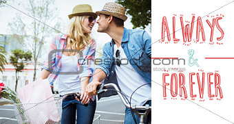 Composite image of hip young couple on a bike ride