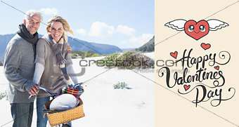 Composite image of carefree couple going on a bike ride and picnic on the beach
