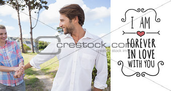 Composite image of smiling couple standing outside together in their garden