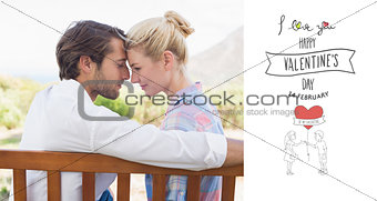 Composite image of cute couple sitting on bench together smiling at each other