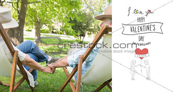 Composite image of mature couple sitting in deck chairs at park