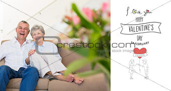 Composite image of happy senior couple relaxing on sofa
