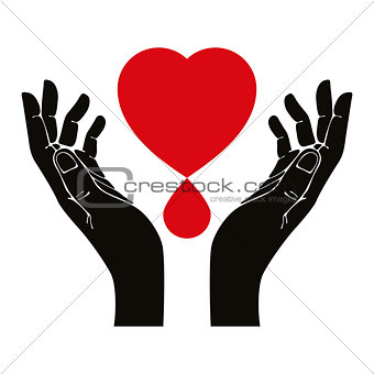 Hand with heart and blood drop vector symbol.