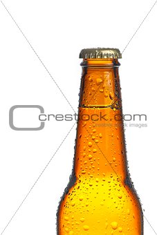 one bottle of fresh beer with drops, isolated with space for text
