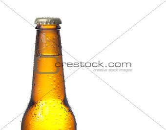 bottle of fresh beer with drops, isolated with space for text