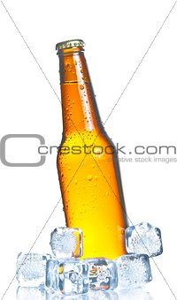 tilted bottle of fresh beer with ice and drops, concept of fresh beer on summer