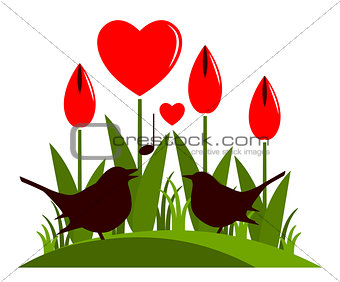 heart flowers and love birds