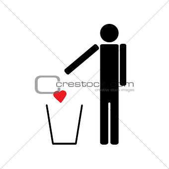 man throws a red heart in the trash