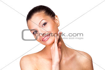 Beautiful young woman applying cosmetic